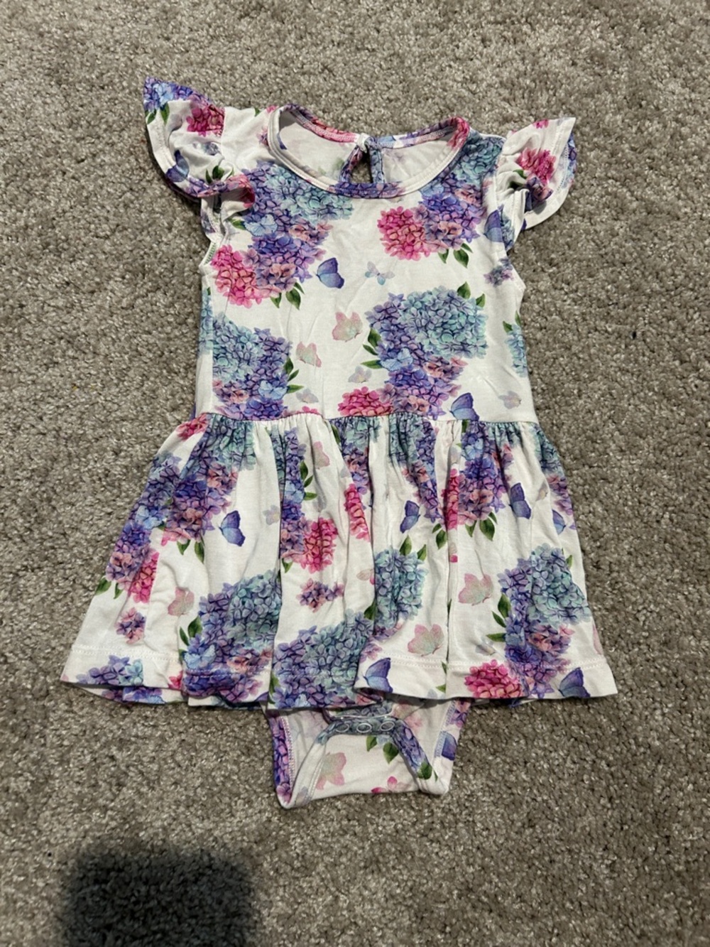 Bamboo Floral Hydrangea Baby Dress Romper - White with Purple & Pink Flowers